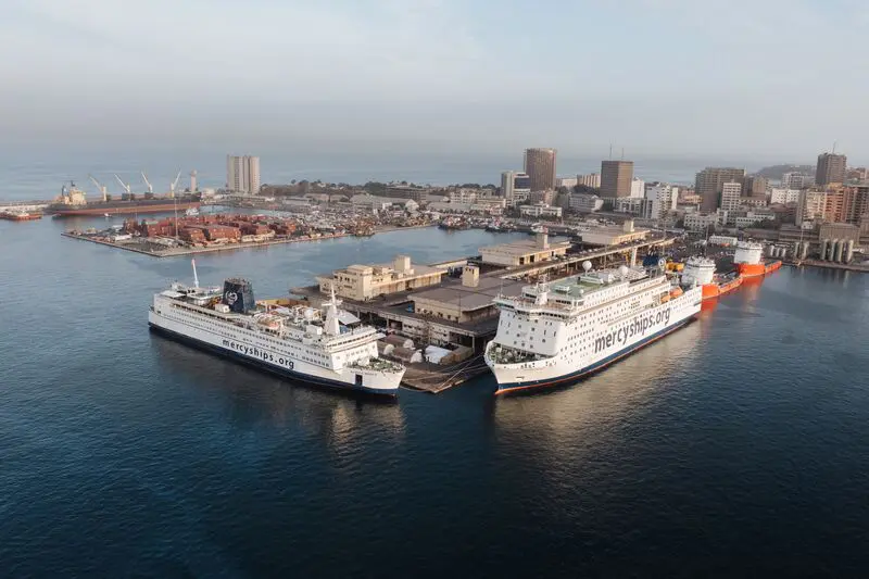 The Global Mercy docked next to the Africa Mercy shortly after arriving in Africa for the first time in Dakar, Senegal. This event also marked the first time both ships were in the same location.